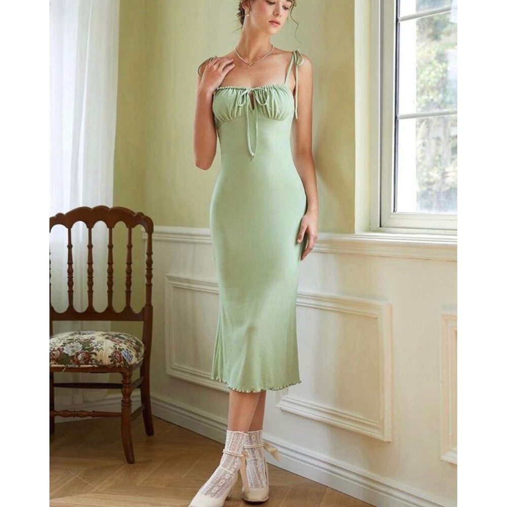 Cottagecore Ribbed Midi Slip Dress Sage Green Tie Strap Ruched Bust‎ Babydoll L